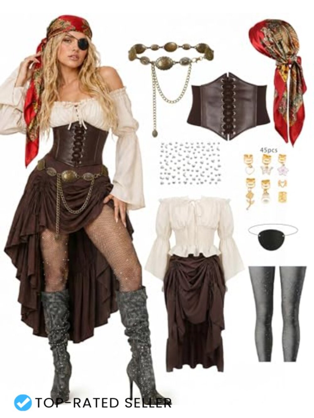9 PC Pirate Costume Women Set Faux Leather Corset Renaissance Halloween Outfit